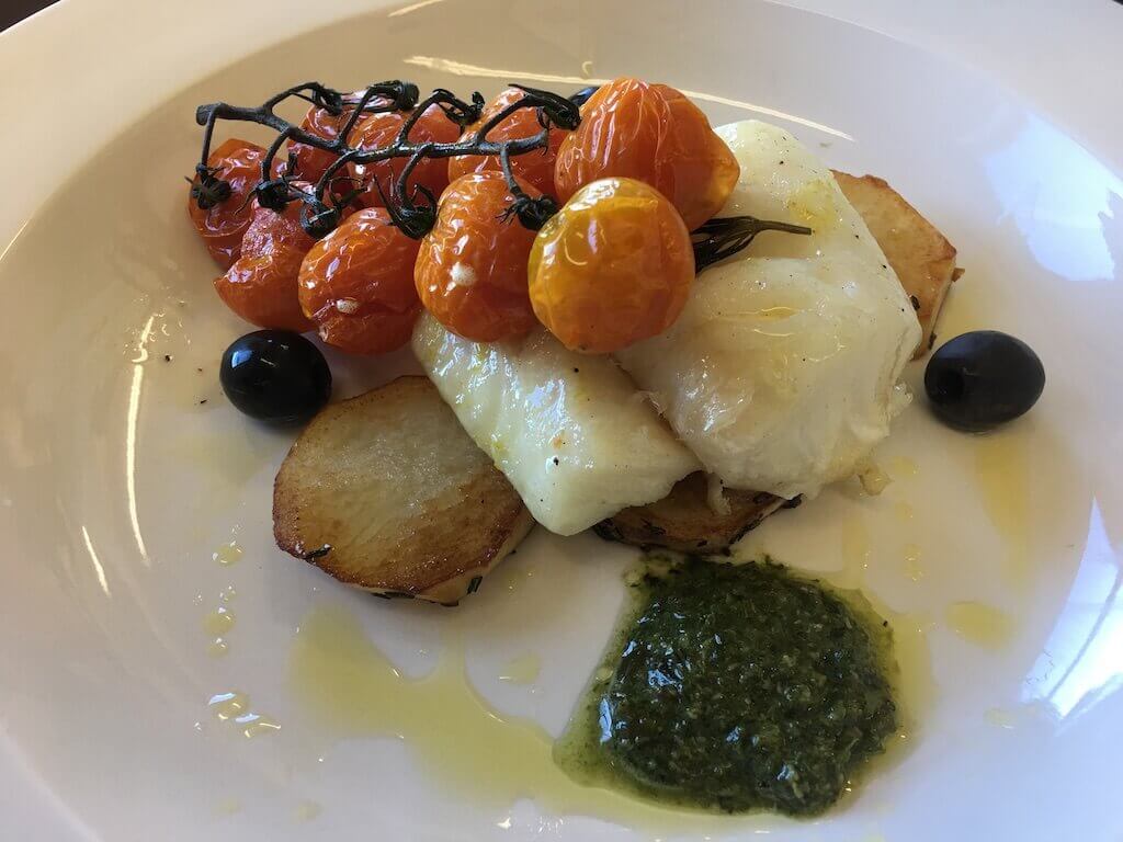 Cod Loin with Oven-Roasted Tomatoes, Black Olives, Roasted Rosemary Lemon Potato and Sauce Verte (vegetarian -pescatarian)