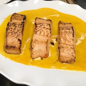 Honey Lemon Ginger Salmon with Passion Fruit Sauce vegetarian, pescatarian