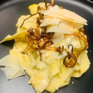 Pappardelle Pasta with Melted Leeks, Garlic Herbed Cream and Shaved Parmesan (vegetarian, contains dairy) 1